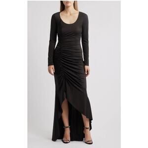 BLACK HALO Atlanta Ruched Ruffle Long Sleeve Maxi Dress  Size 4 Formal Black Tie